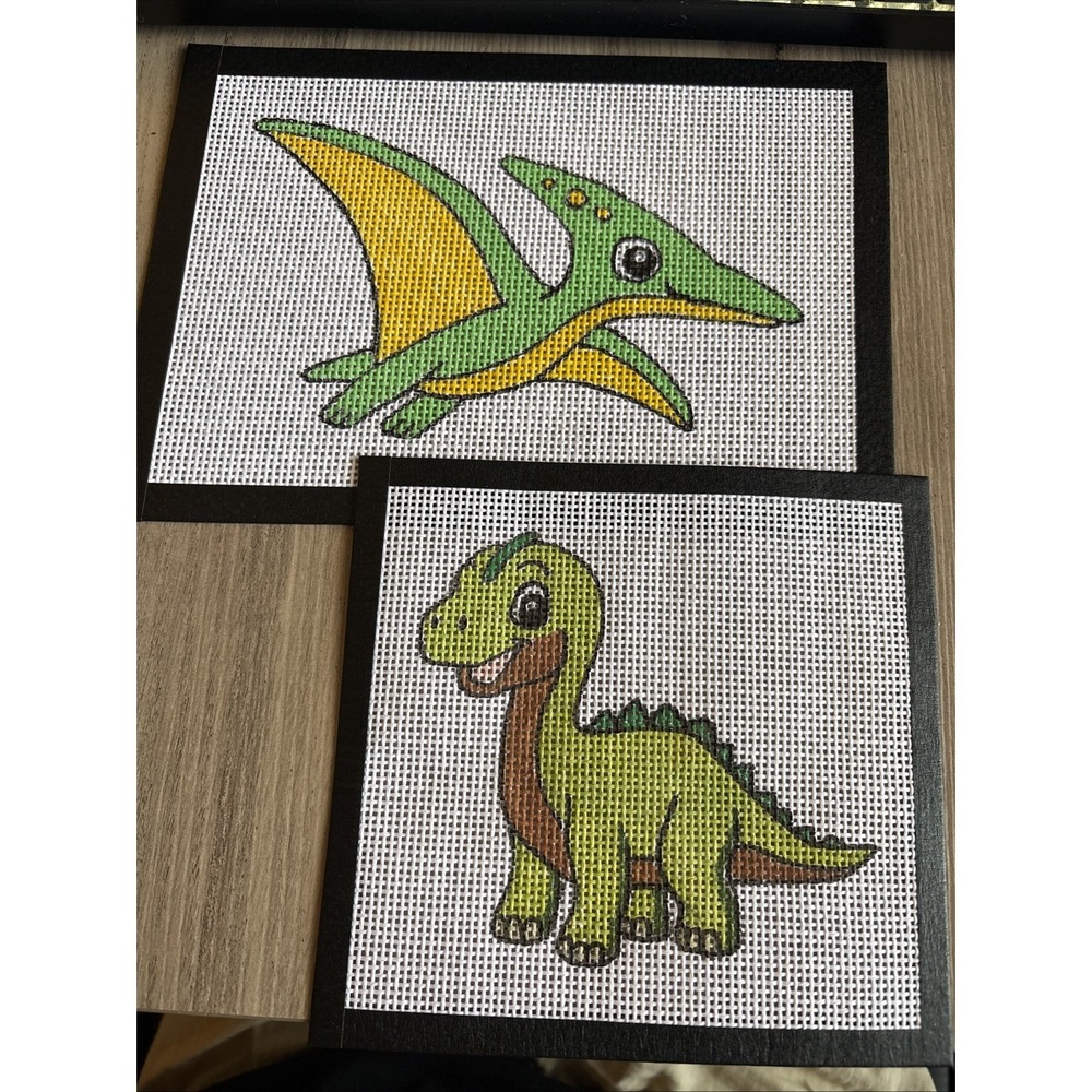 Lot Of 2 Hand Painted Green Dinosaur Needlepoints Canvases 14 Mesh